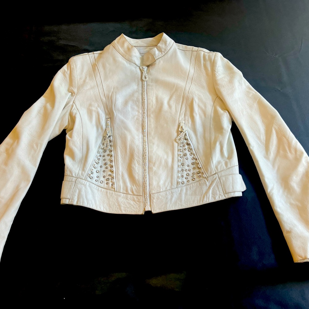 Kippy's Women's Jacket White 100% Leather BLING Size 8